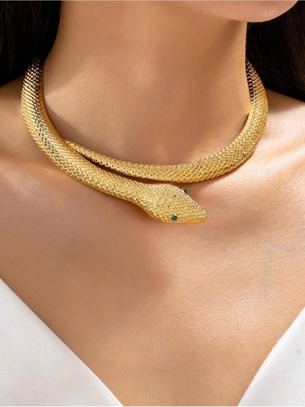 Gold Snake Collar Necklace with Green Eyes